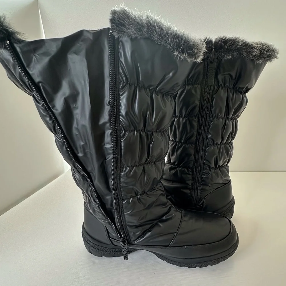 Totes black‎ winter snow boots w/ faux fur trim side zipper & buckle women’s 6